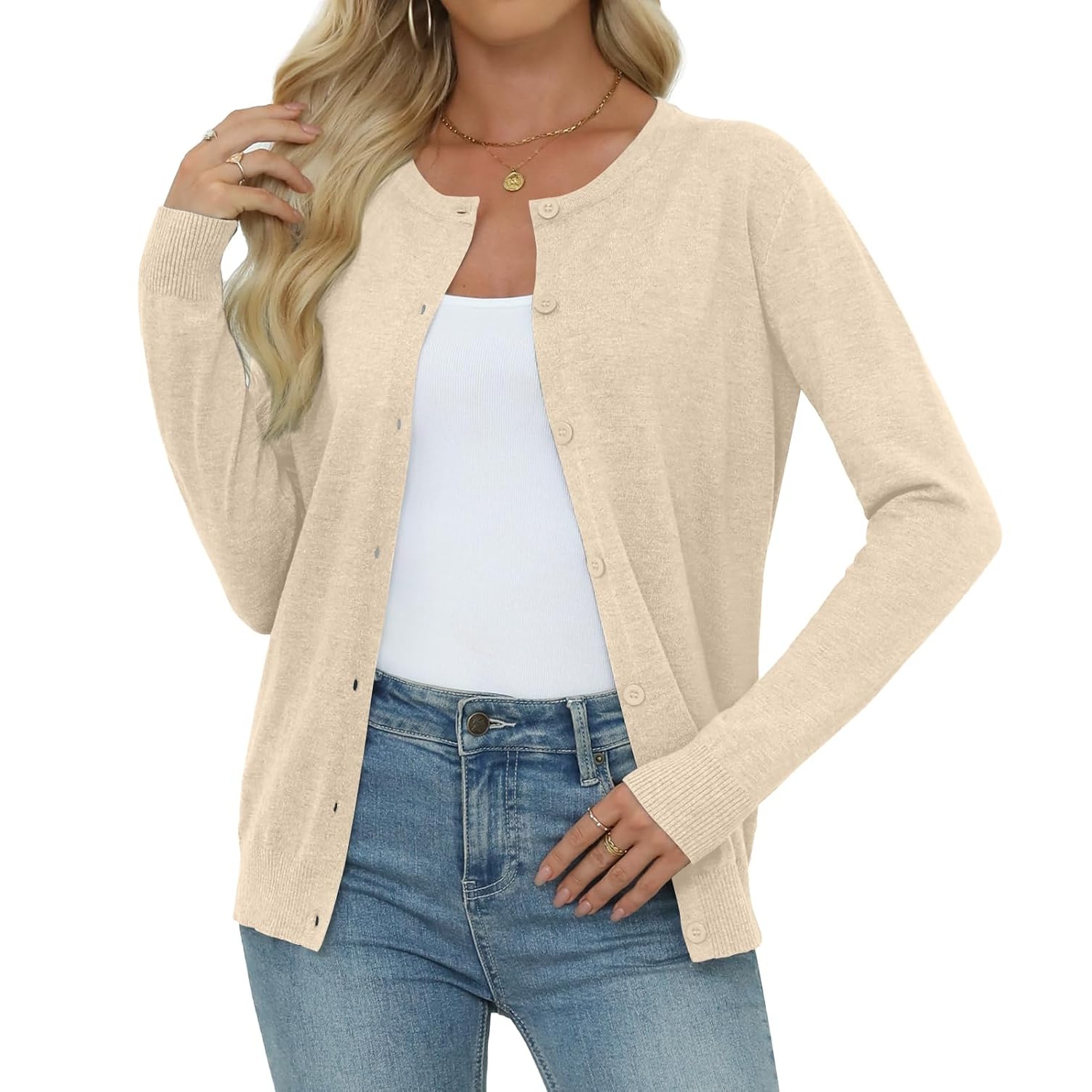 Casual Long Knit Crew Sleeve Front Cardigan With Button For Women