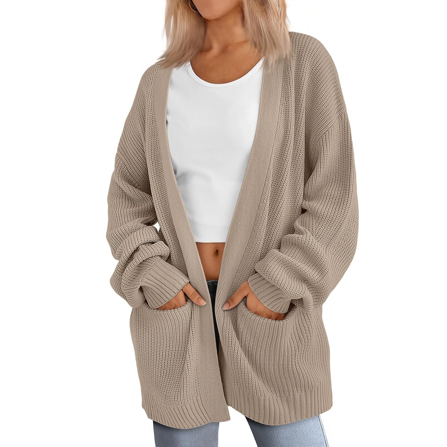 Oversized Open Front Knit Cardigan with Pockets for Women