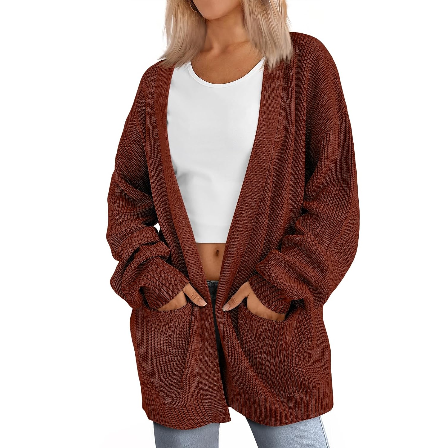Oversized Open Front Knit Cardigan with Pockets for Women