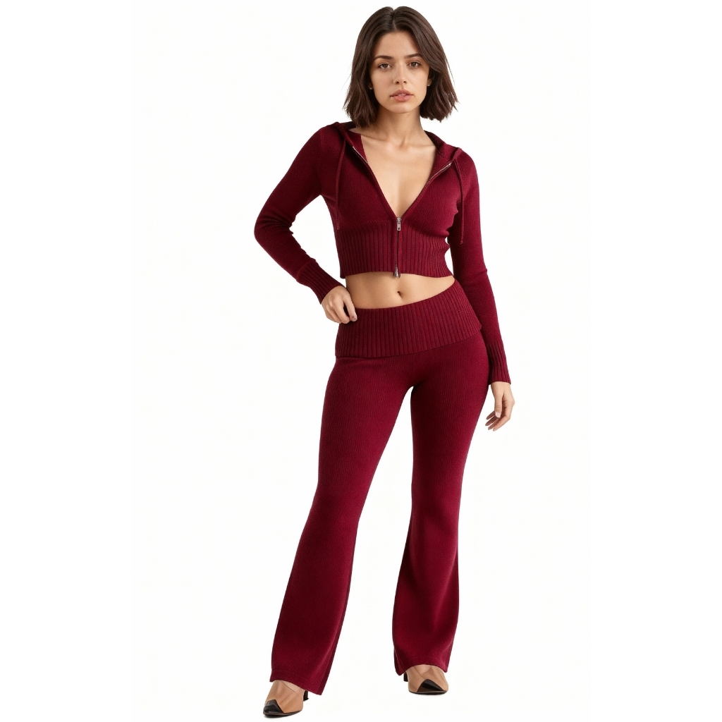 Two Piece Lounge Set With Zip Front Hoodie And Ribbed Knit Pants