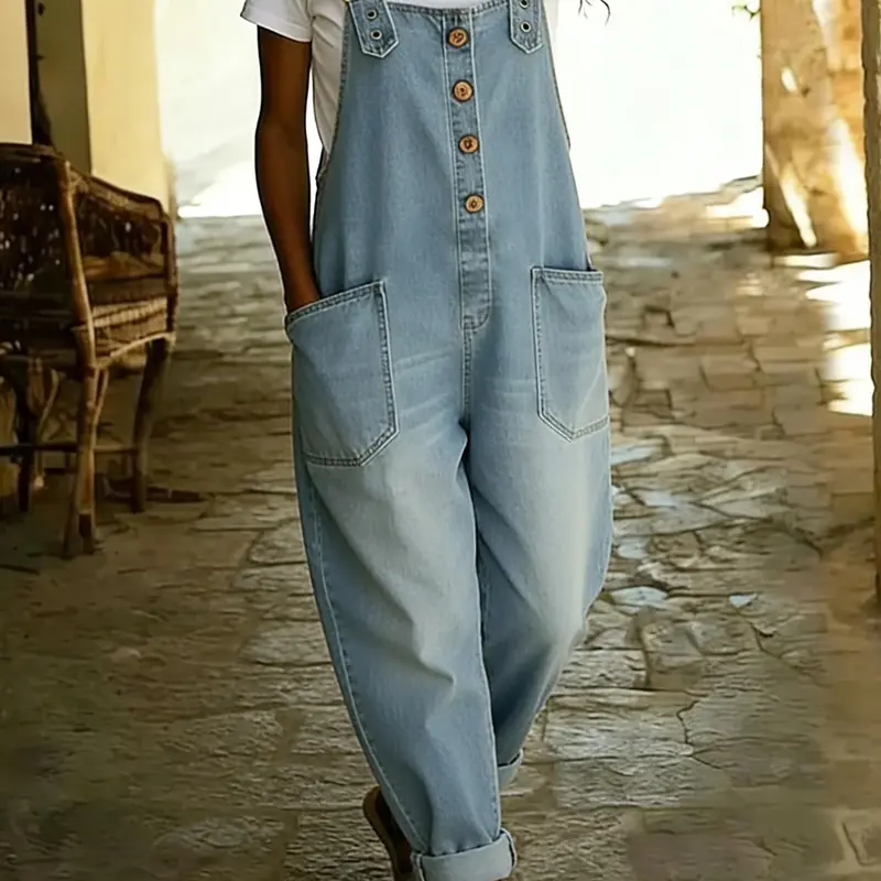 Loose Vintage Denim Wide Romper Jumpsuit With Button For Women