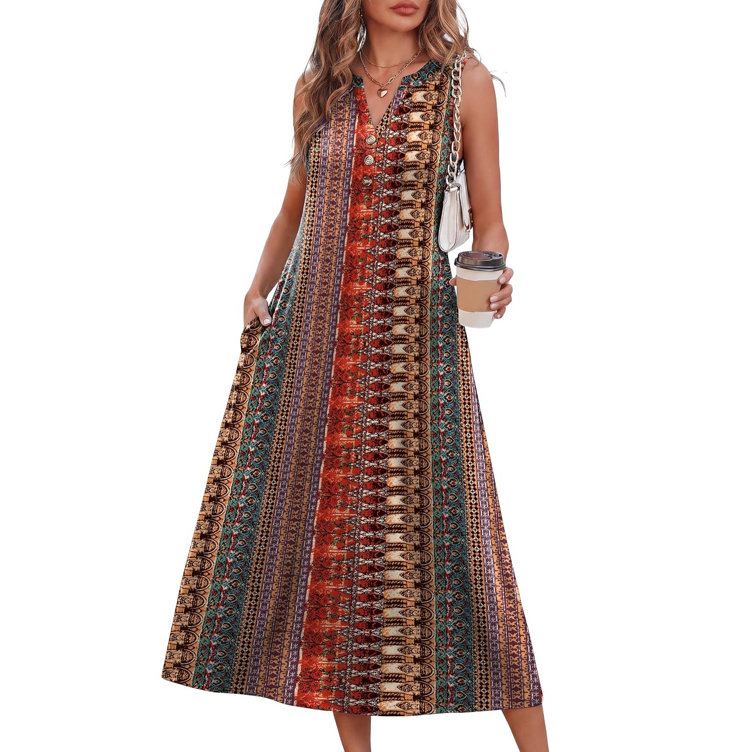 Sleeveless Button Front Midi Dress With Pockets