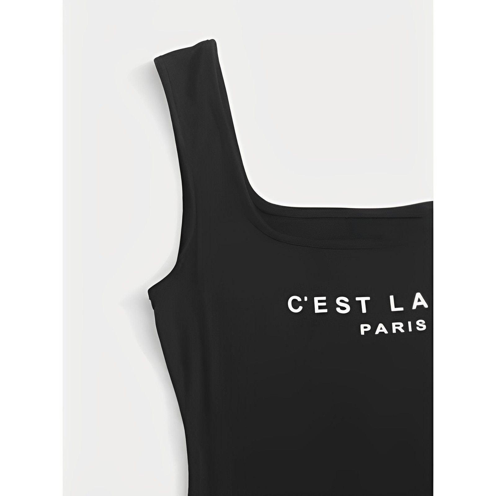 Slogan Tank Bodysuit-Comfy Jumpsuits
