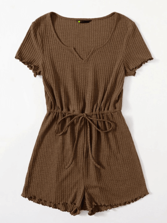 Notched Neck Lettuce Trim Romper-Comfy Jumpsuits