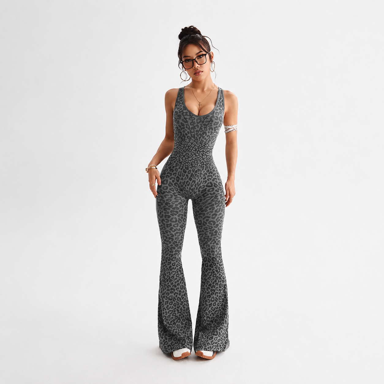 Leopard Print Flared Sports Jumpsuit With Cross Back Design For Women