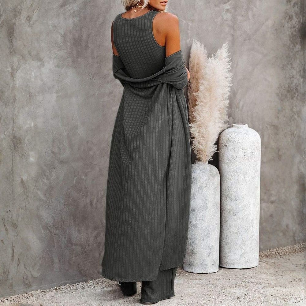 Women's 3 Piece Lounge Sets Pajamas Knit Long Sleeve Cardigan Crop Top Wide Leg Pants