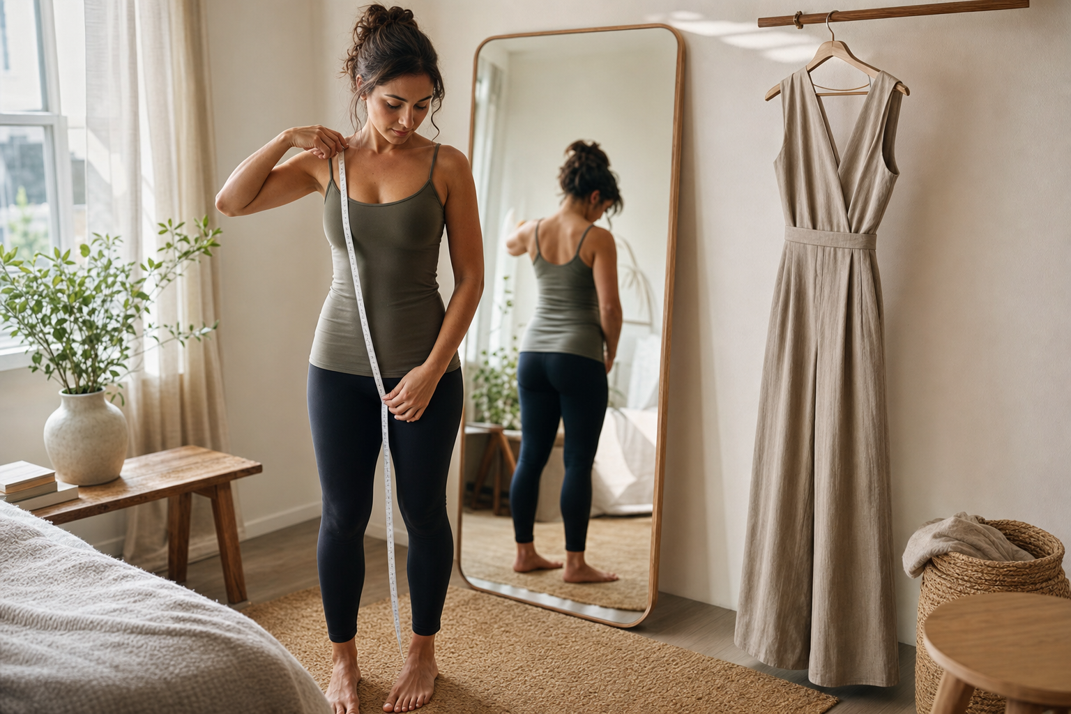 Woman measuring her torso beside a neutral wide-leg jumpsuit in a sunlit room