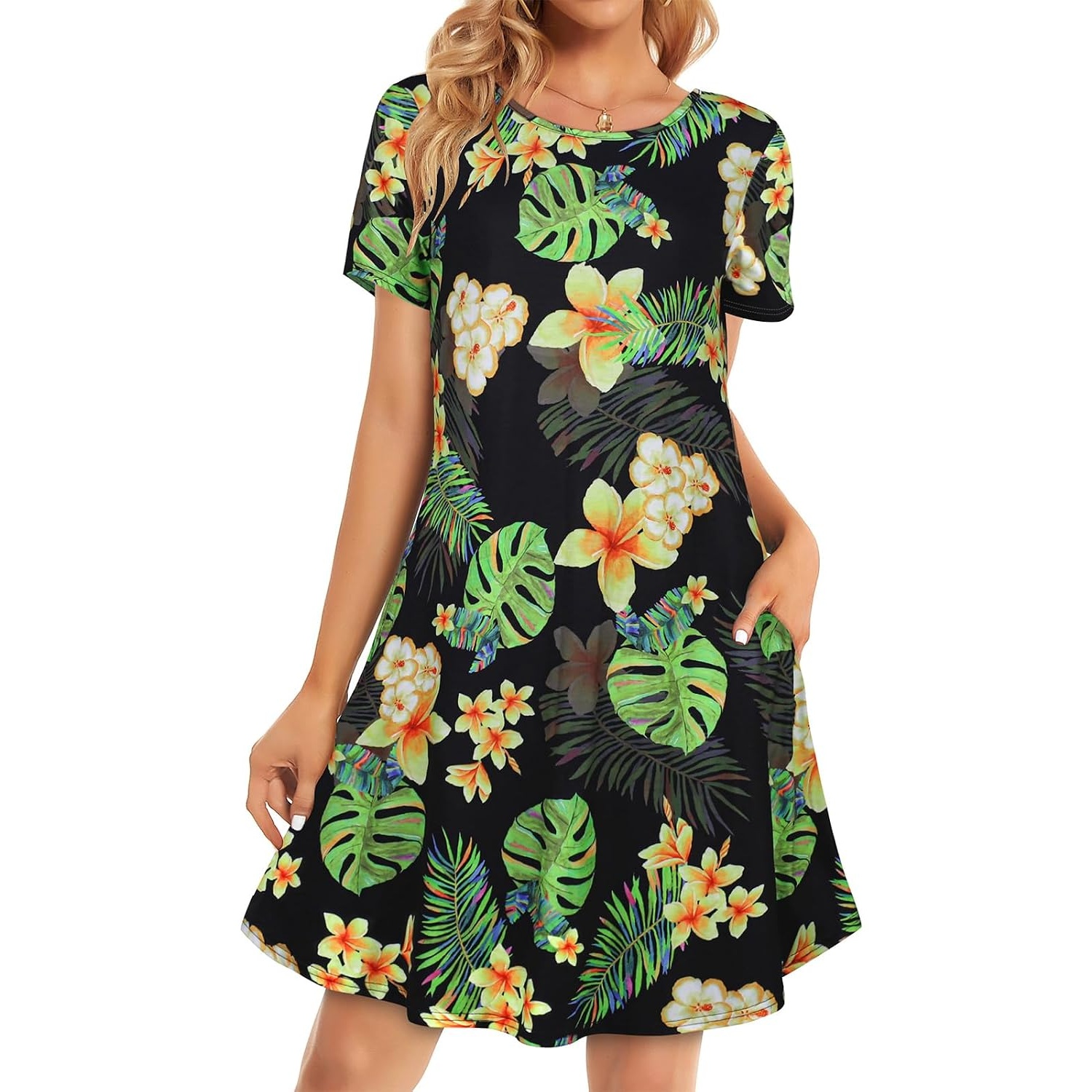 Floral Short Sleeve Summer Beach Dress With Pockets