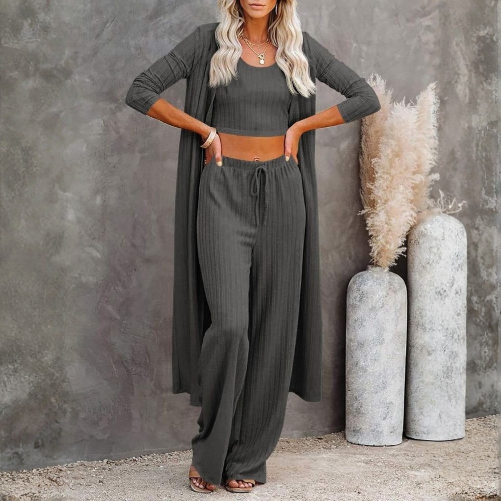 Three Piece Lounge Sets For Women With Knit Long Sleeve Cardigan And Crop Top And Wide Pants
