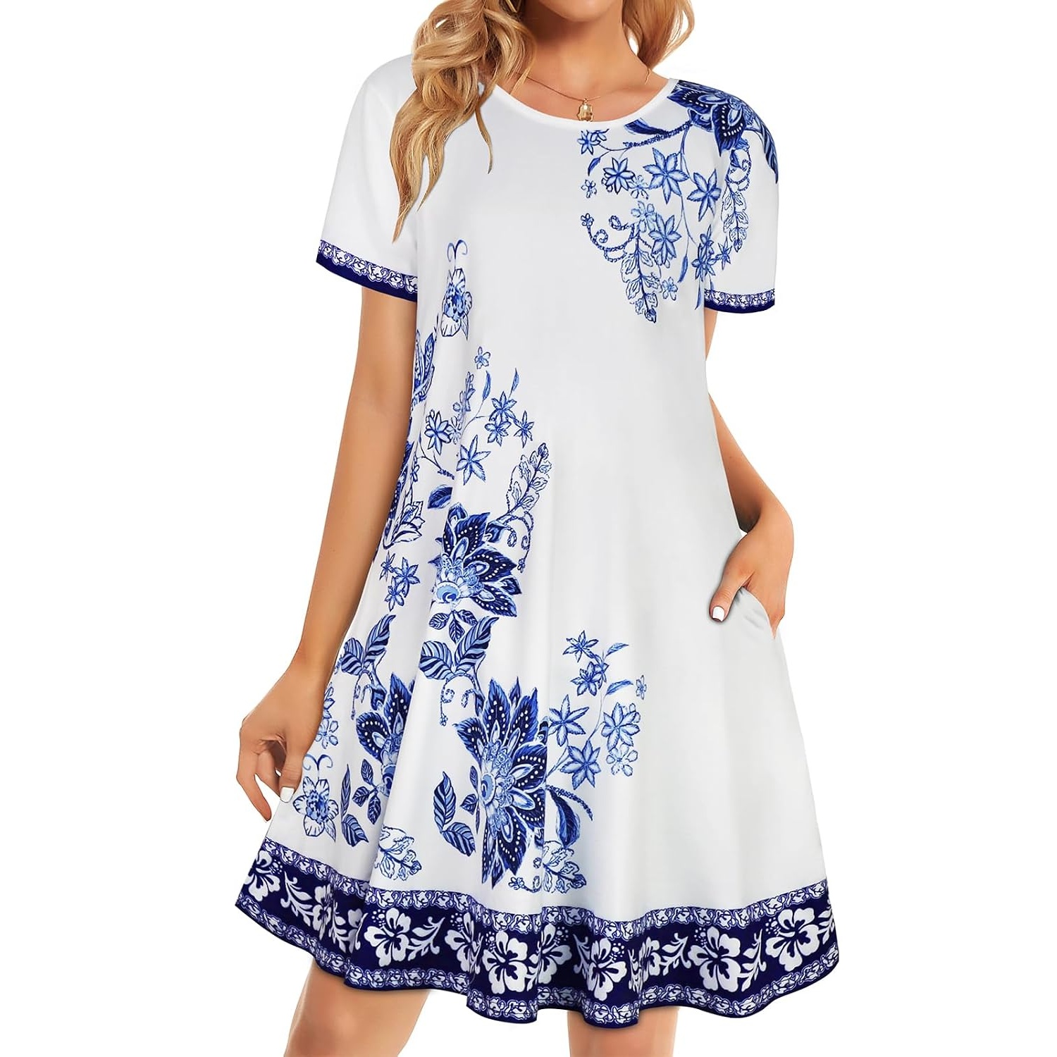 Floral Short Sleeve Summer Beach Dress With Pockets