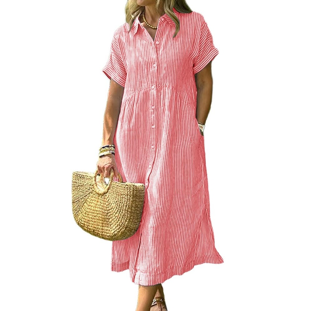 Summer Striped Button Down Midi Shirt Dress