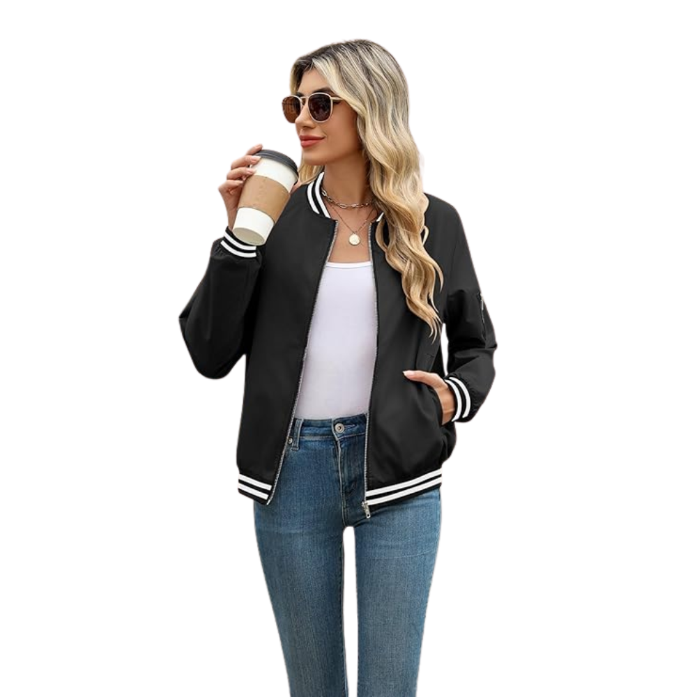 Women Casual Bomber Jacket Zip Up Windbreaker With Pockets