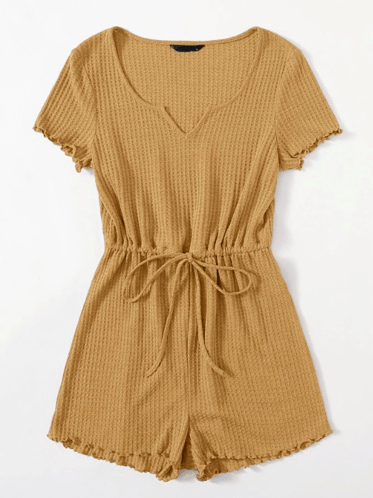 Notched Neck Lettuce Trim Romper-Comfy Jumpsuits