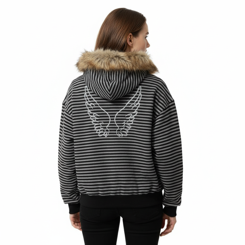 Faux Fur Trim Polka Dot Zip Up Hoodie For Women