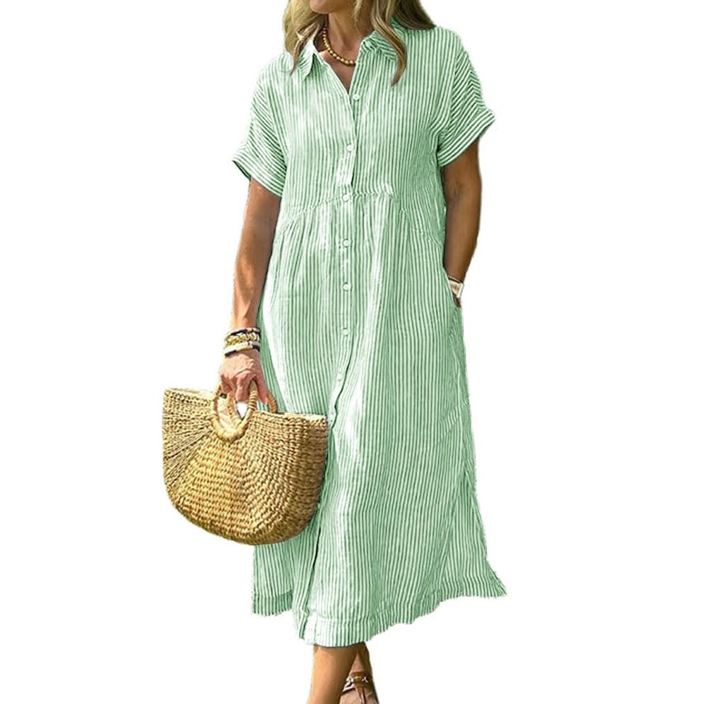 Summer Striped Button Down Midi Shirt Dress
