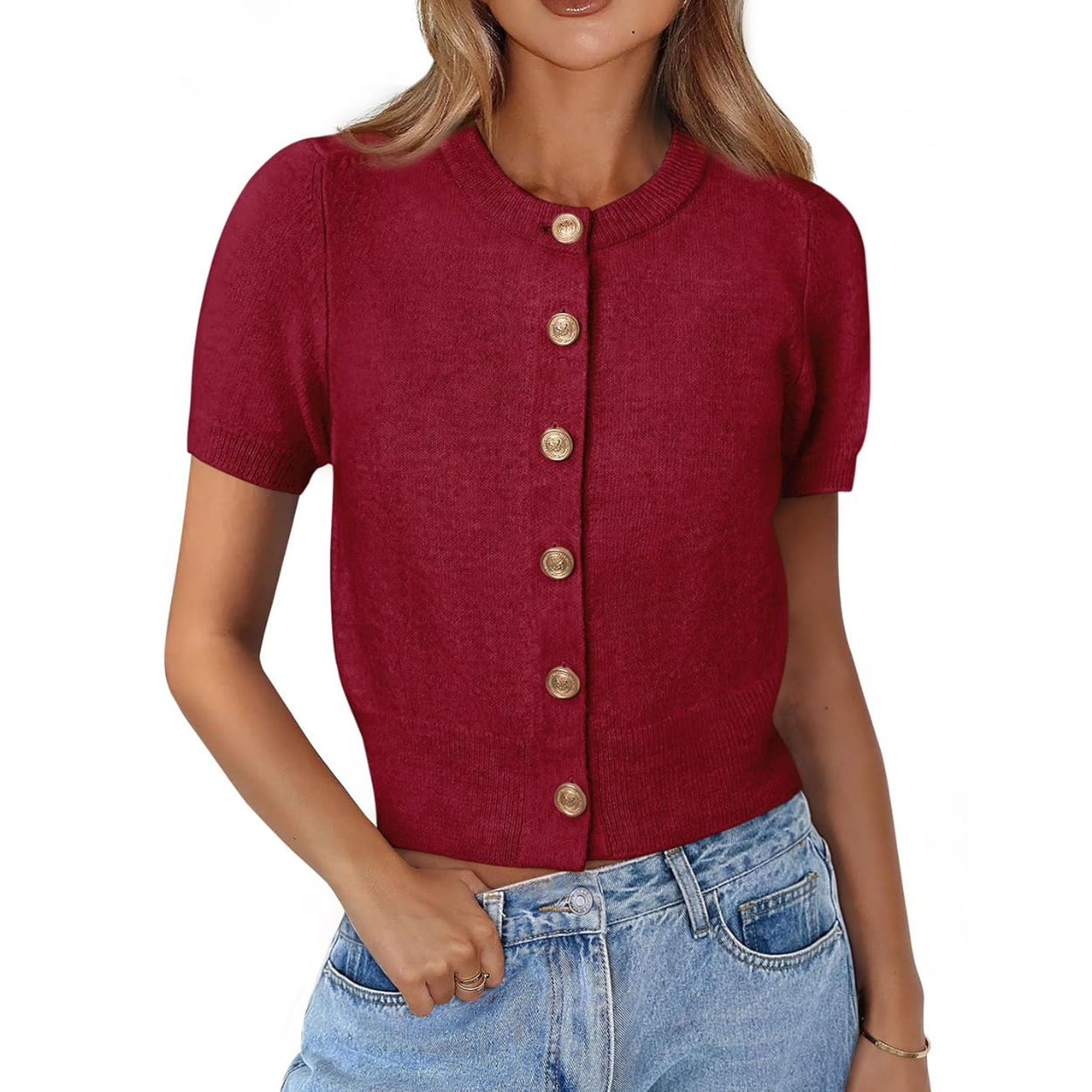 Casual Stretchy Short Sleeve Knit Crop Cardigan For Women