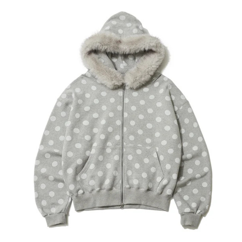 Faux Fur Trim Polka Dot Zip Up Hoodie For Women