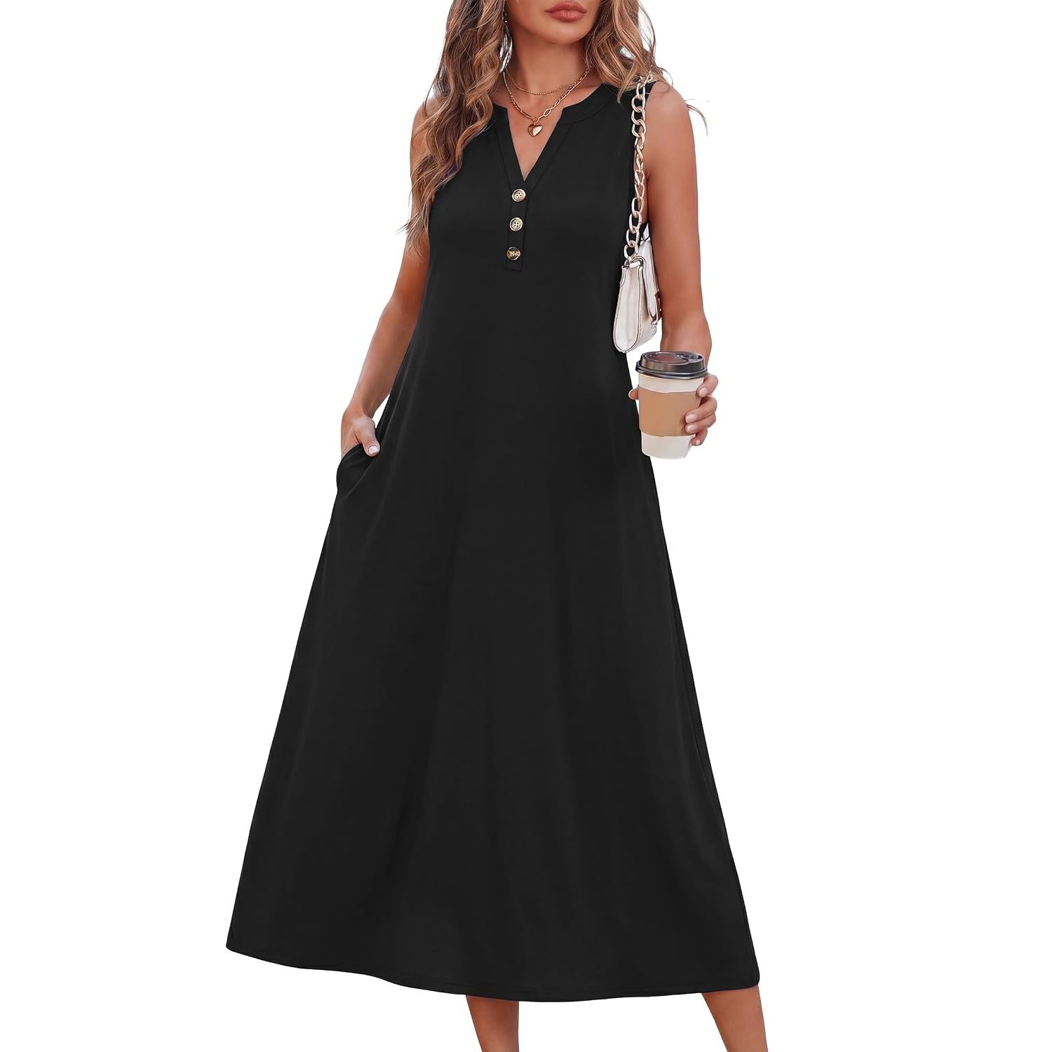 Sleeveless Button Front Midi Dress With Pockets