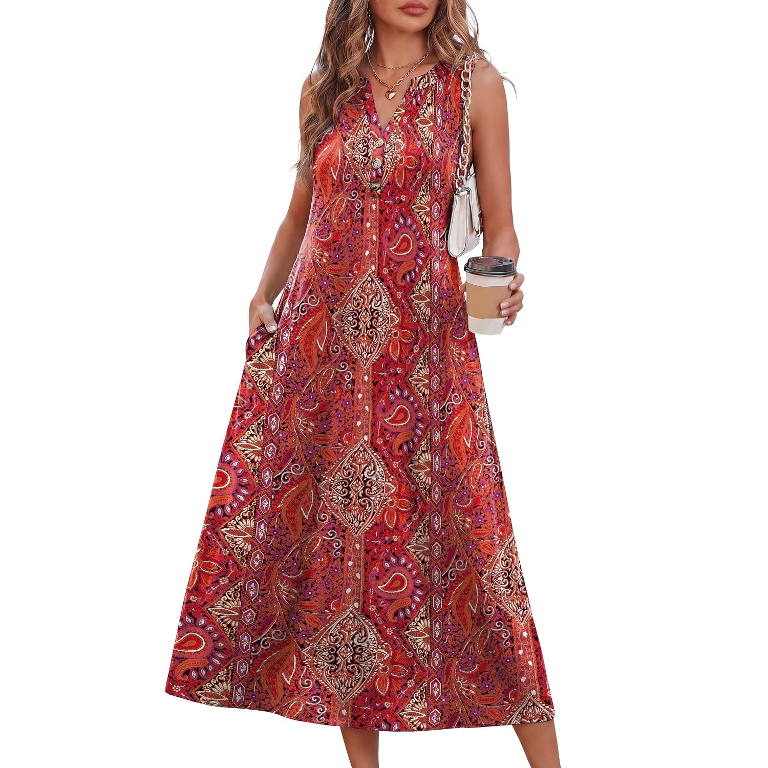Sleeveless Button Front Midi Dress With Pockets