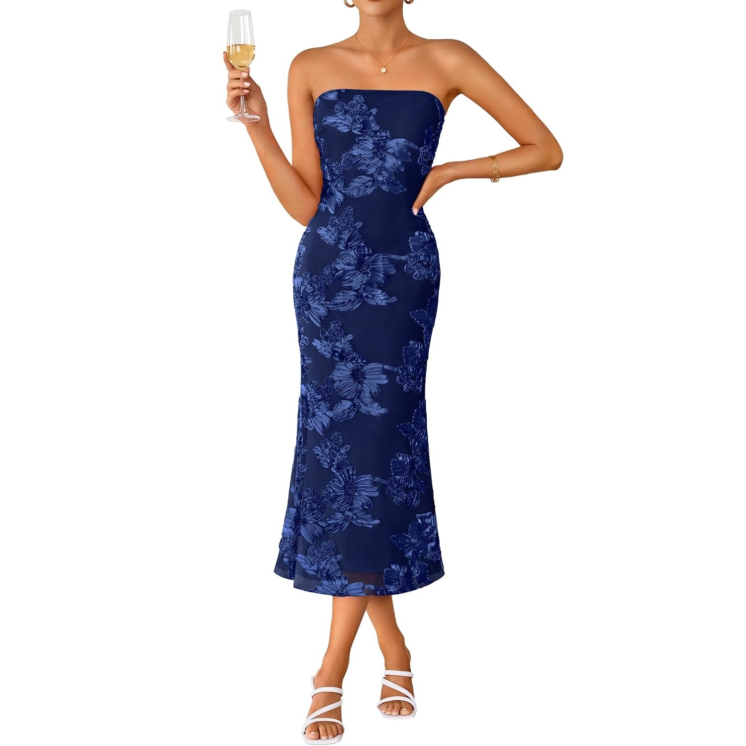 Strapless Floral Mesh Midi Dress For Women