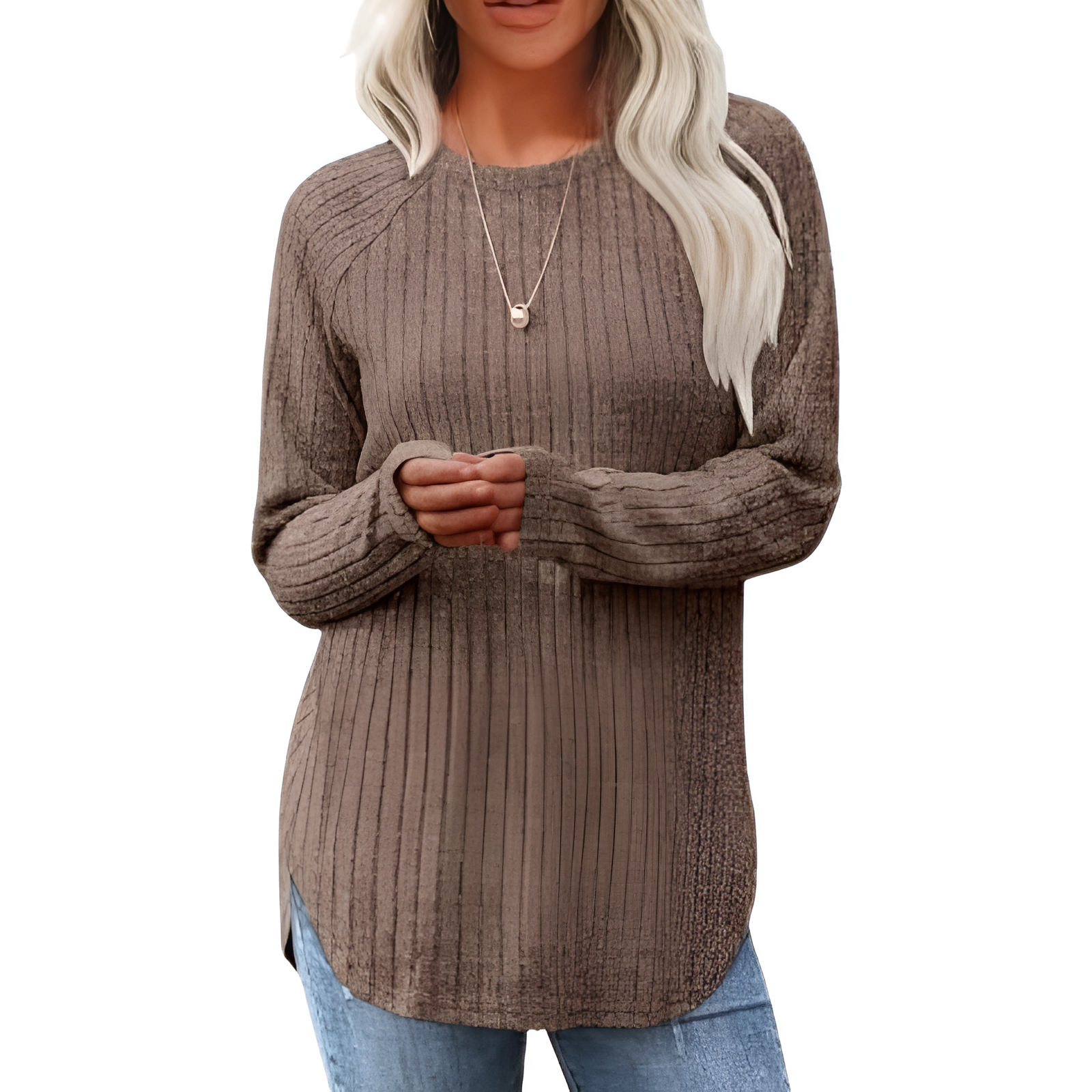 Long Sleeve Tunic Top With Loose Fit And Curved Hem For Women