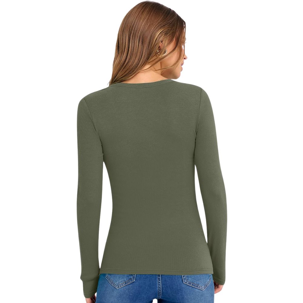 Long Sleeve Shirts for Women V Neck Ribbed Knit Fitted Fall Basic Tshirts