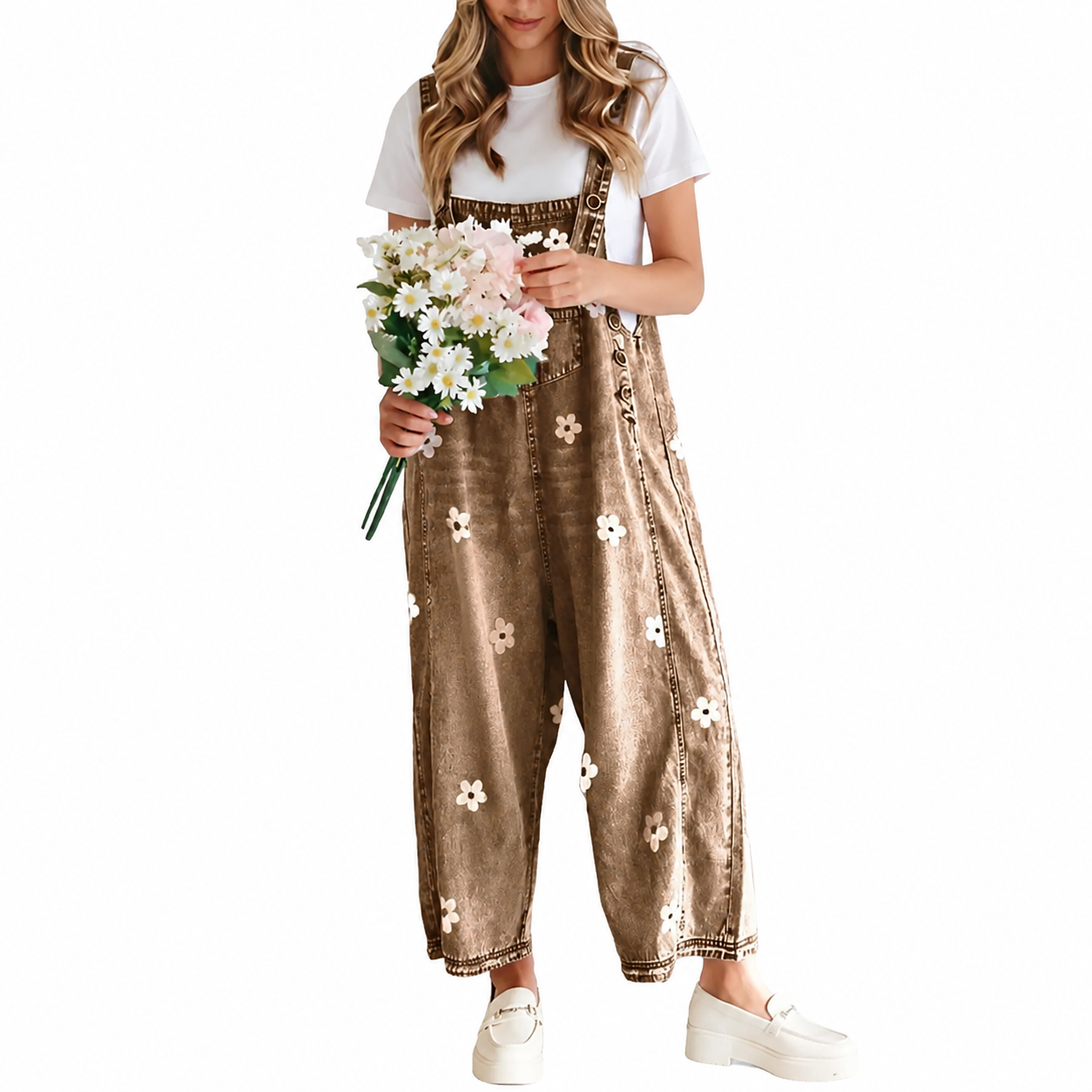 Floral Print Overall Baggy Jumpsuit With Adjustable Strap For Women