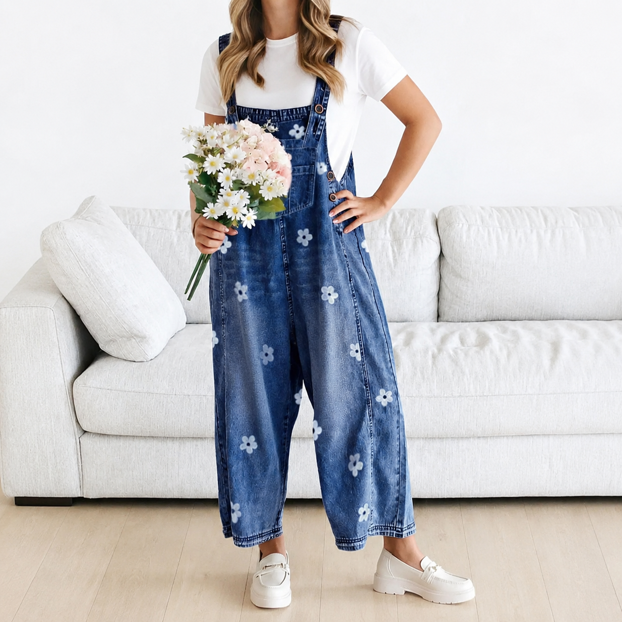 Floral Print Overall Baggy Jumpsuit With Adjustable Strap For Women