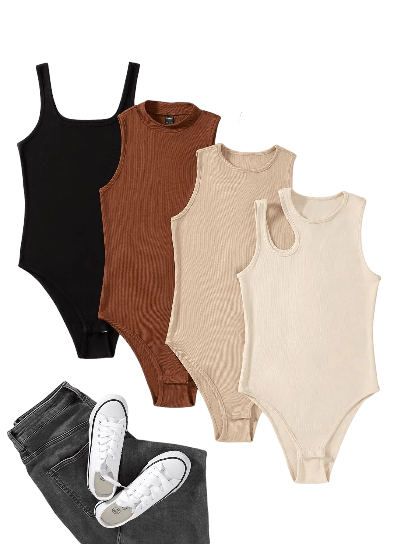 4 Pieces Solid Ribbed Knit Bodysuit-Comfy Jumpsuits