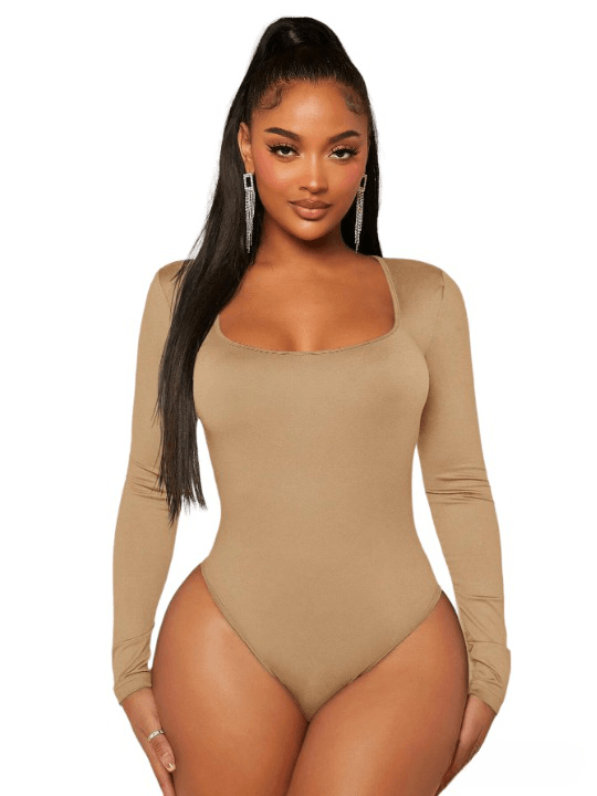 Square Neck Slim Fit Bodysuits-Comfy Jumpsuits