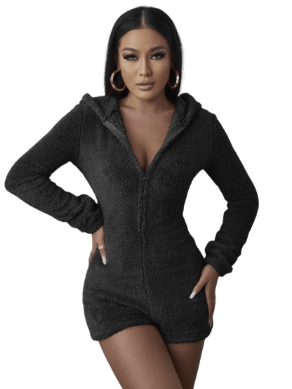 Zip Up Hooded Teddy Romper-Comfy Jumpsuits