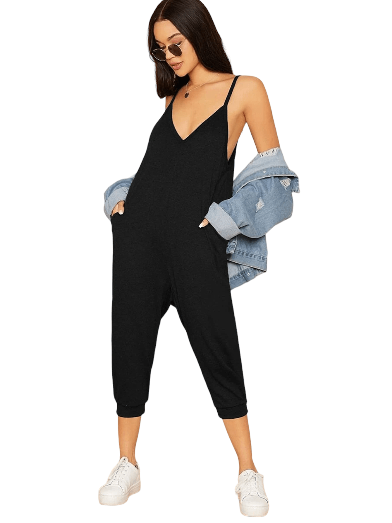 V Neck Hidden Pocket Cami Jumpsuit-Comfy Jumpsuits