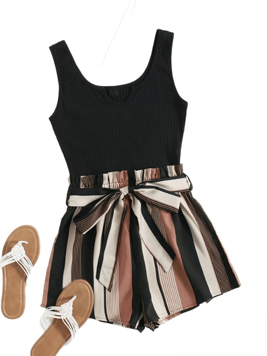 Notched Neck Block Stripe Belted Tank Romper-Comfy Jumpsuits
