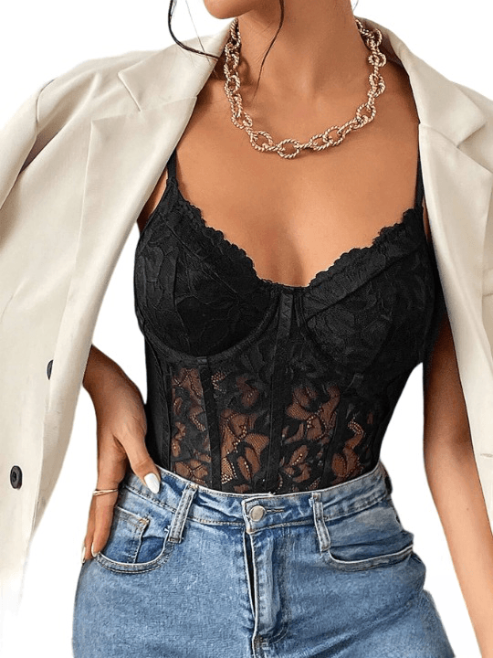 Laced Cami Bodysuit-Comfy Jumpsuits