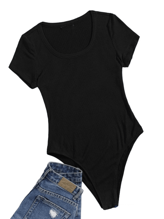 Scoop Neck Rib-Knit Bodysuit-Comfy Jumpsuits