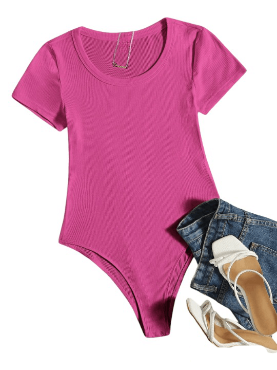 Scoop Neck Rib-Knit Bodysuit-Comfy Jumpsuits
