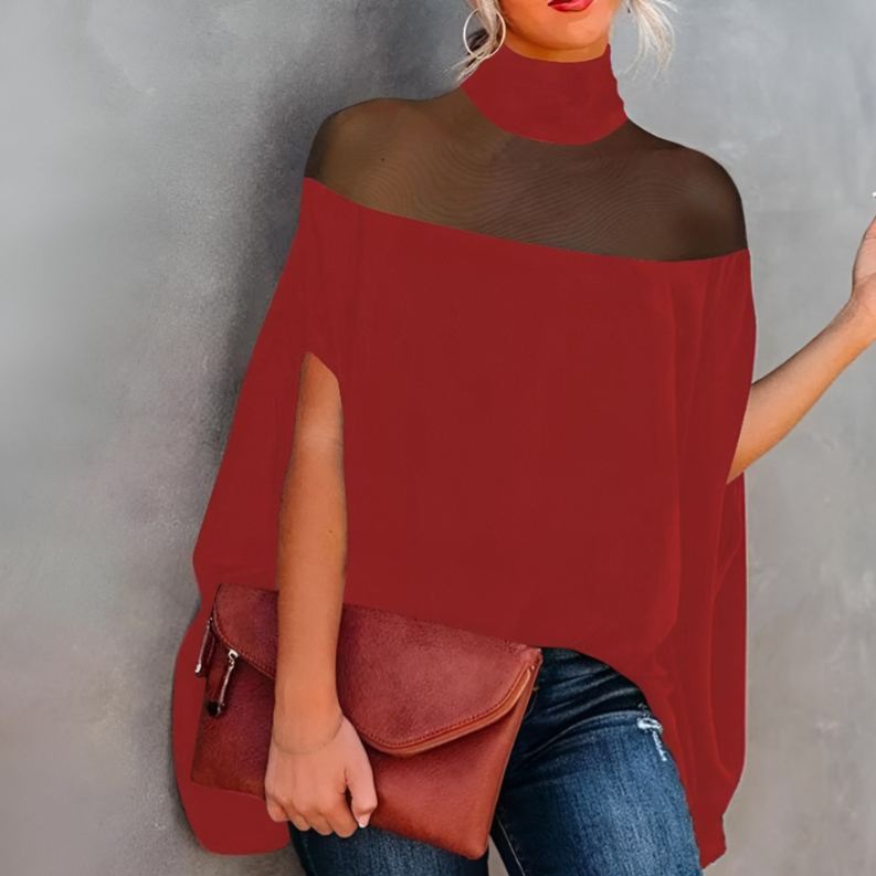 Women's Batwing Sleeves See-Through High-Neck Blouse