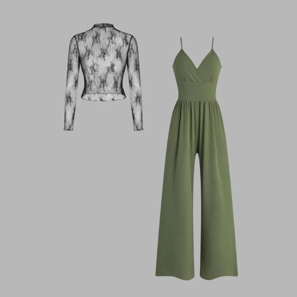 Valentine's Day Women's Solid Color Knitted Lace Tee & High Waist Pocket Jumpsuit Two-piece Set