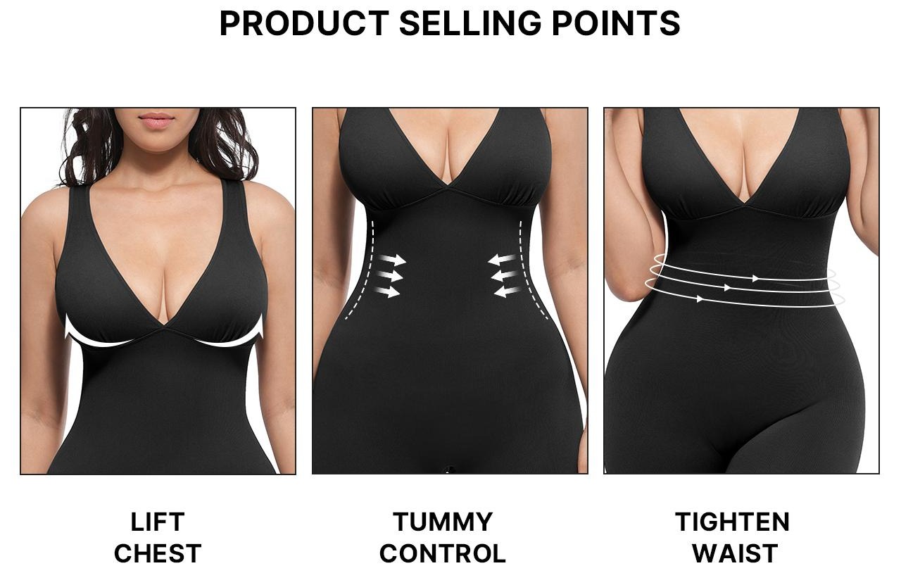 Shapellx Deep V Shapewear with Chest Support Breathable High-Waisted Tummy Control Basic Jumpsuit