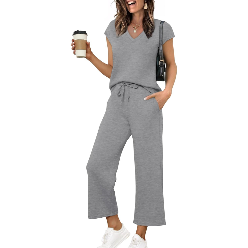 Two Piece Lounge Sets For Women With Summer Short Sleeve Top And Wide Pants