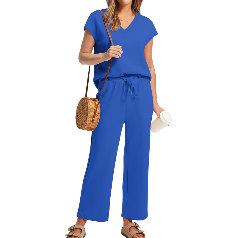 Two Piece Lounge Sets For Women With Summer Short Sleeve Top And Wide Pants