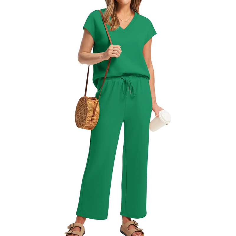 Two Piece Lounge Sets For Women With Summer Short Sleeve Top And Wide Pants