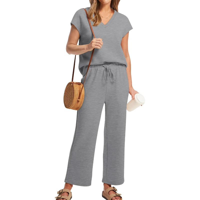 Two Piece Lounge Sets For Women With Summer Short Sleeve Top And Wide Pants