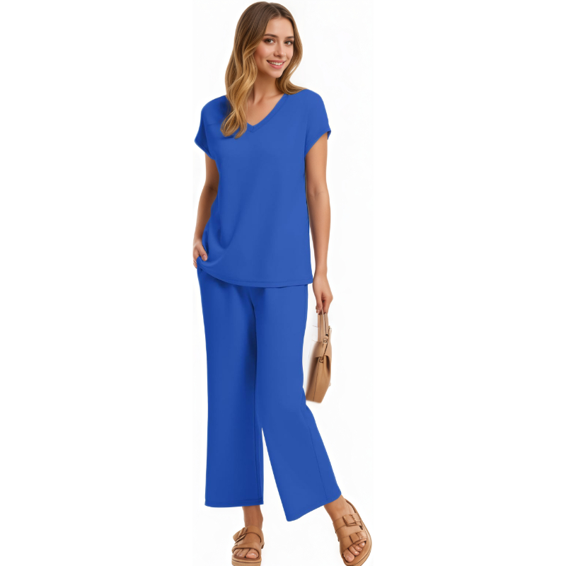 Two Piece Lounge Sets For Women With Summer Short Sleeve Top And Wide Pants