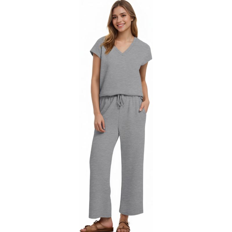 Two Piece Lounge Sets For Women With Summer Short Sleeve Top And Wide Pants