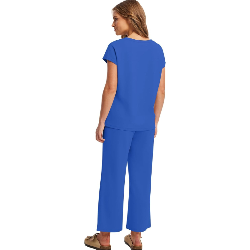 Two Piece Lounge Sets For Women With Summer Short Sleeve Top And Wide Pants