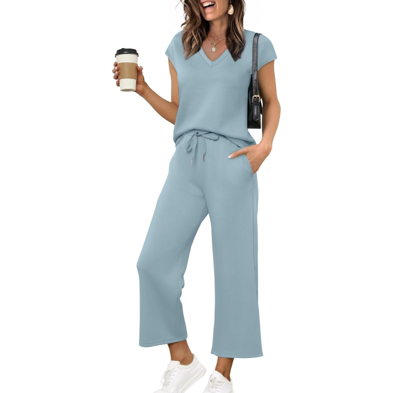 Two Piece Lounge Sets For Women With Summer Short Sleeve Top And Wide Pants