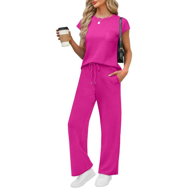 Two Piece Lounge Sets For Women With Cap Sleeve Top And Matching Pants