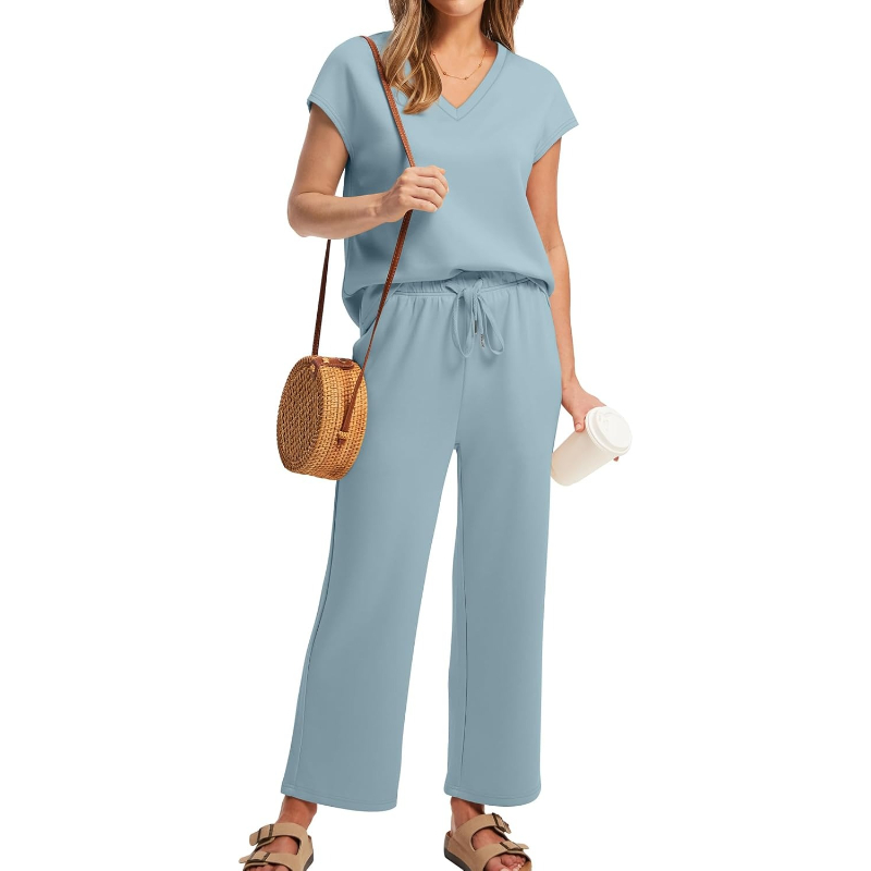 Two Piece Lounge Sets For Women With Summer Short Sleeve Top And Wide Pants