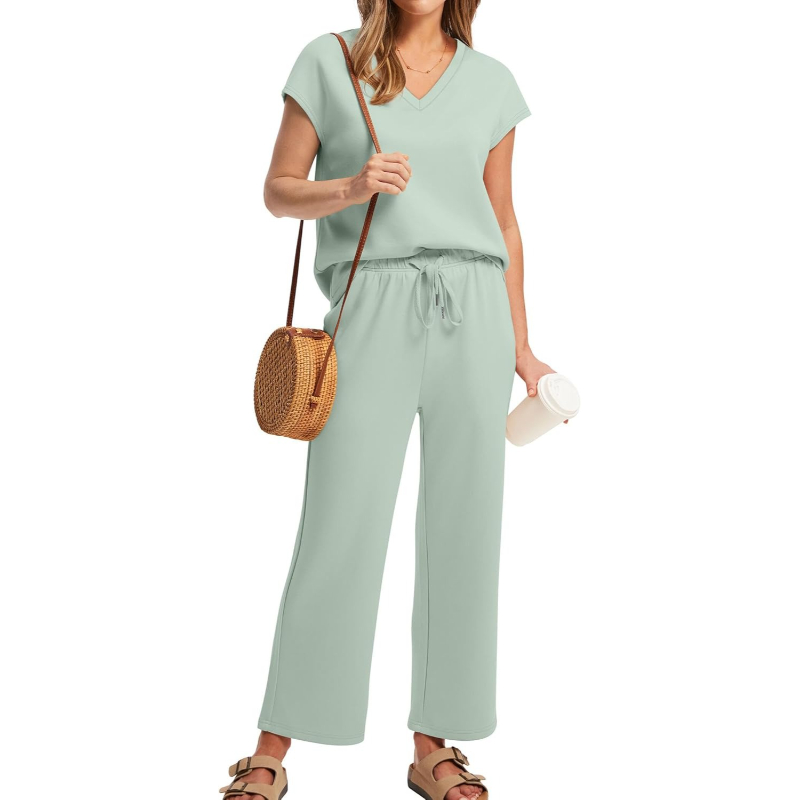 Two Piece Lounge Sets For Women With Summer Short Sleeve Top And Wide Pants